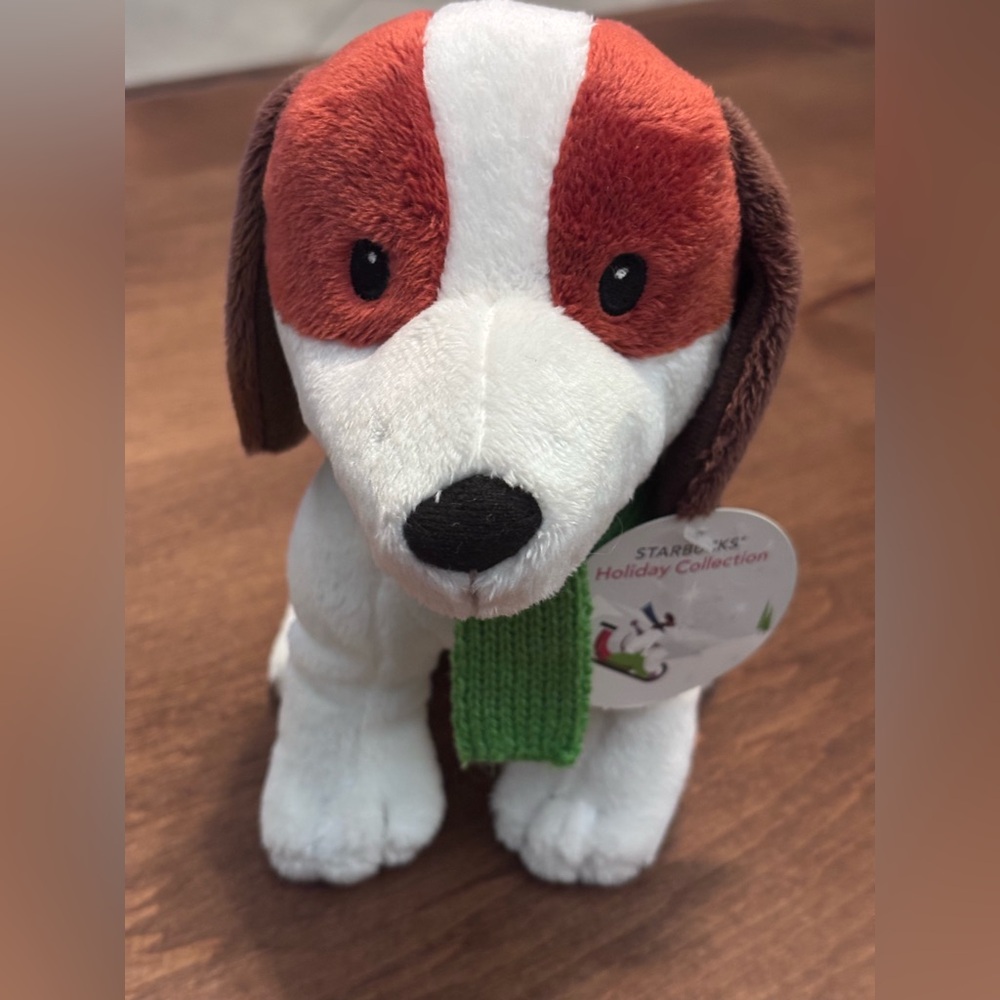 Starbucks 2011 Holiday Collection Plush Dog White and Brown with green scarf